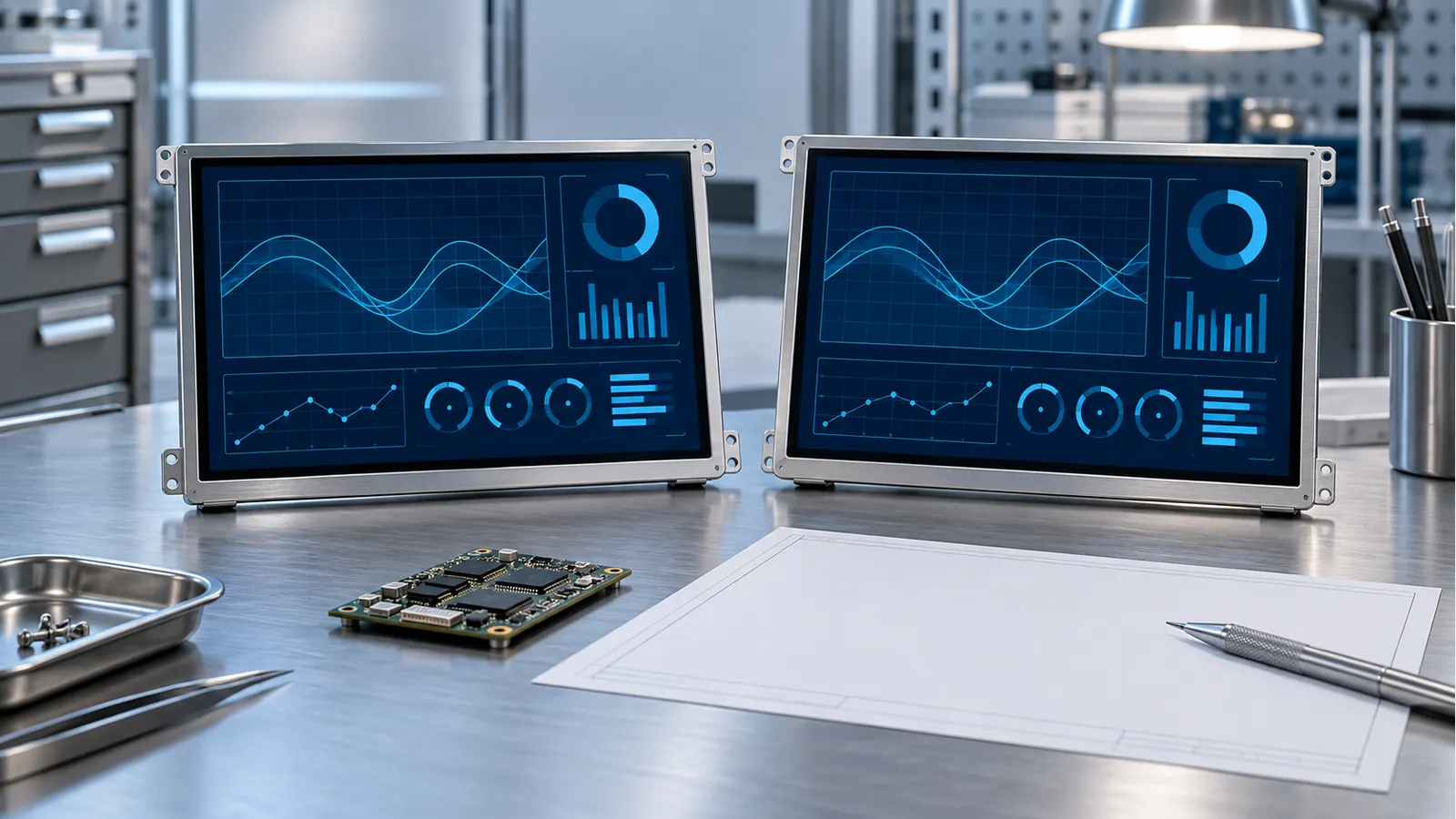 Illustrative workbench with two generic same-size industrial displays for resolution selection