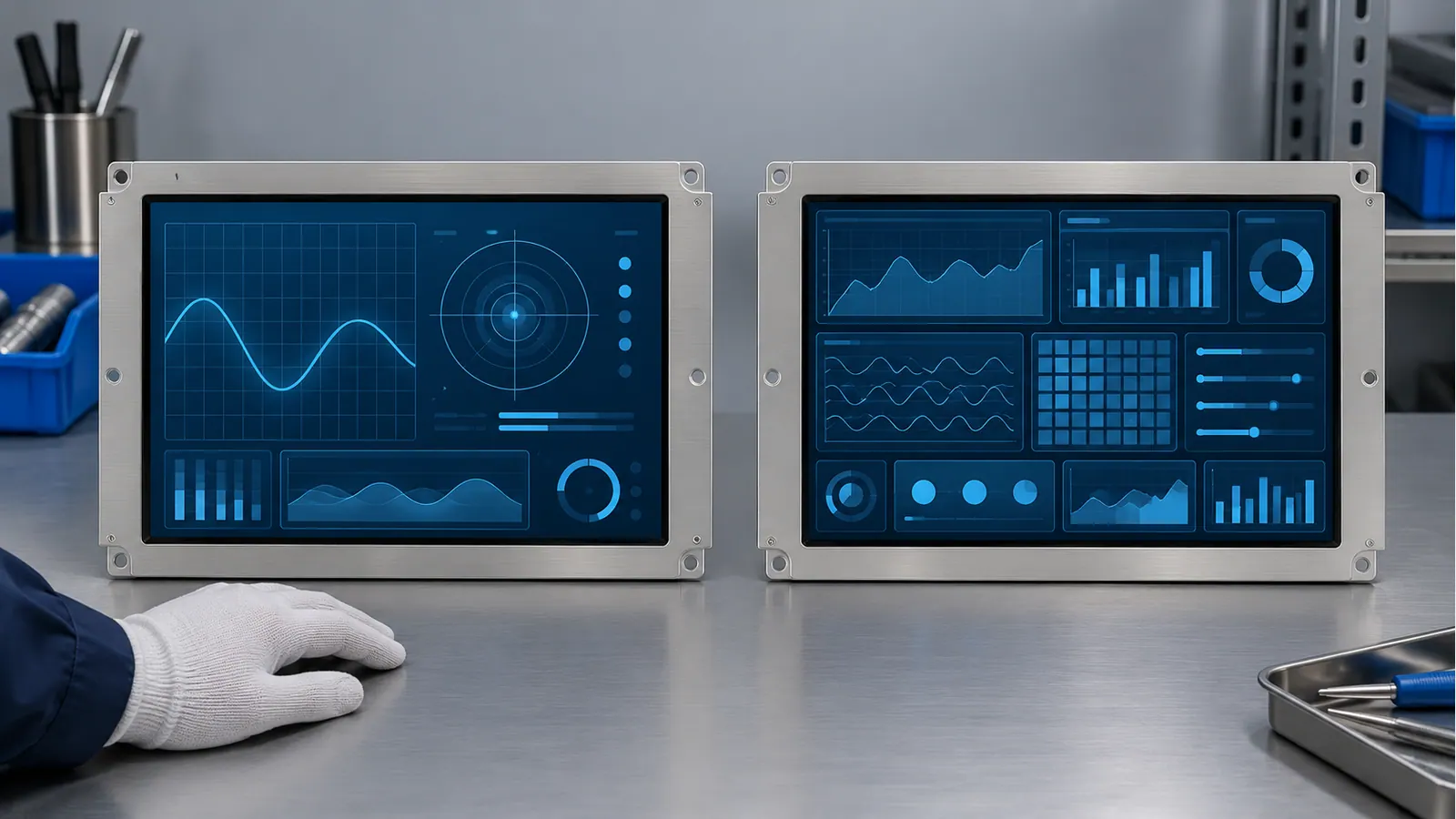 Illustrative same-size dashboard mockups used to evaluate physical text and control size