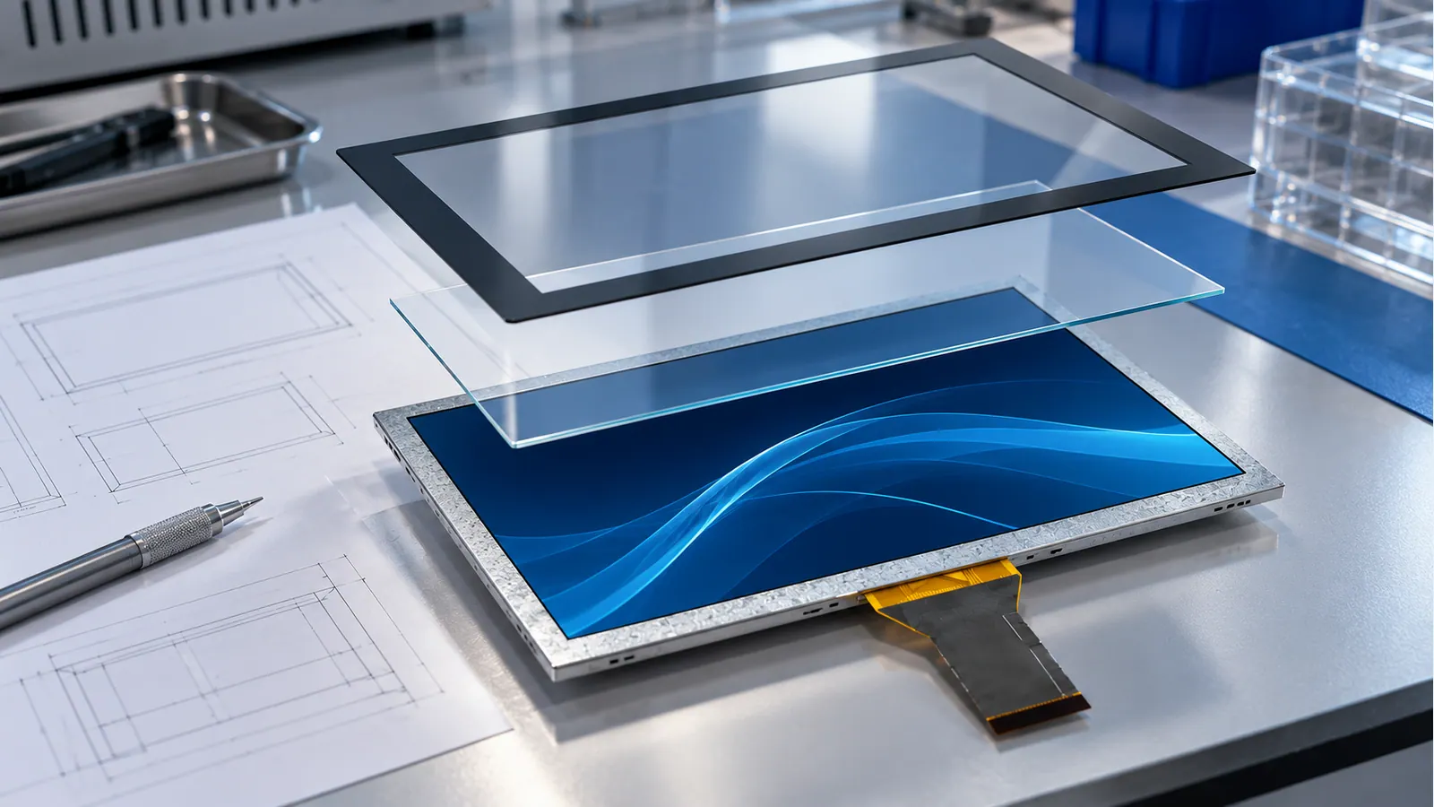 Concept illustration of a cover lens, touch layer and generic LCD assembly