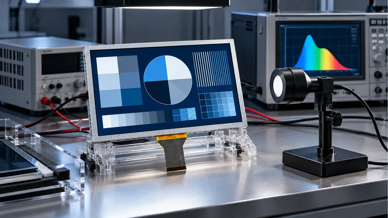Illustrative industrial display sample-validation bench with measurement equipment
