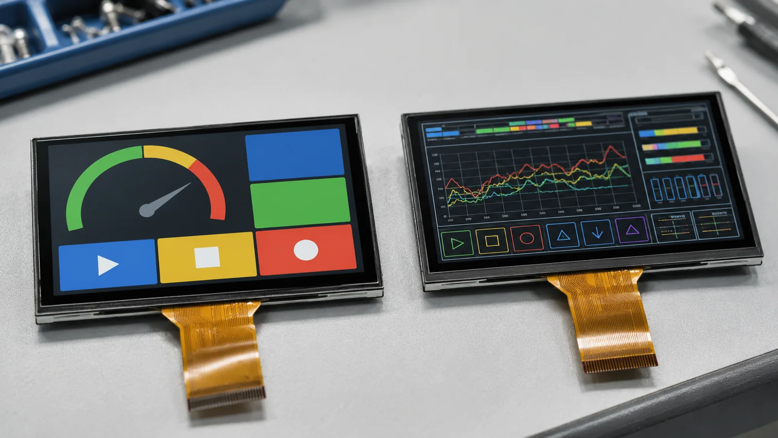 Two small TFT LCD modules with different information density on an engineering bench