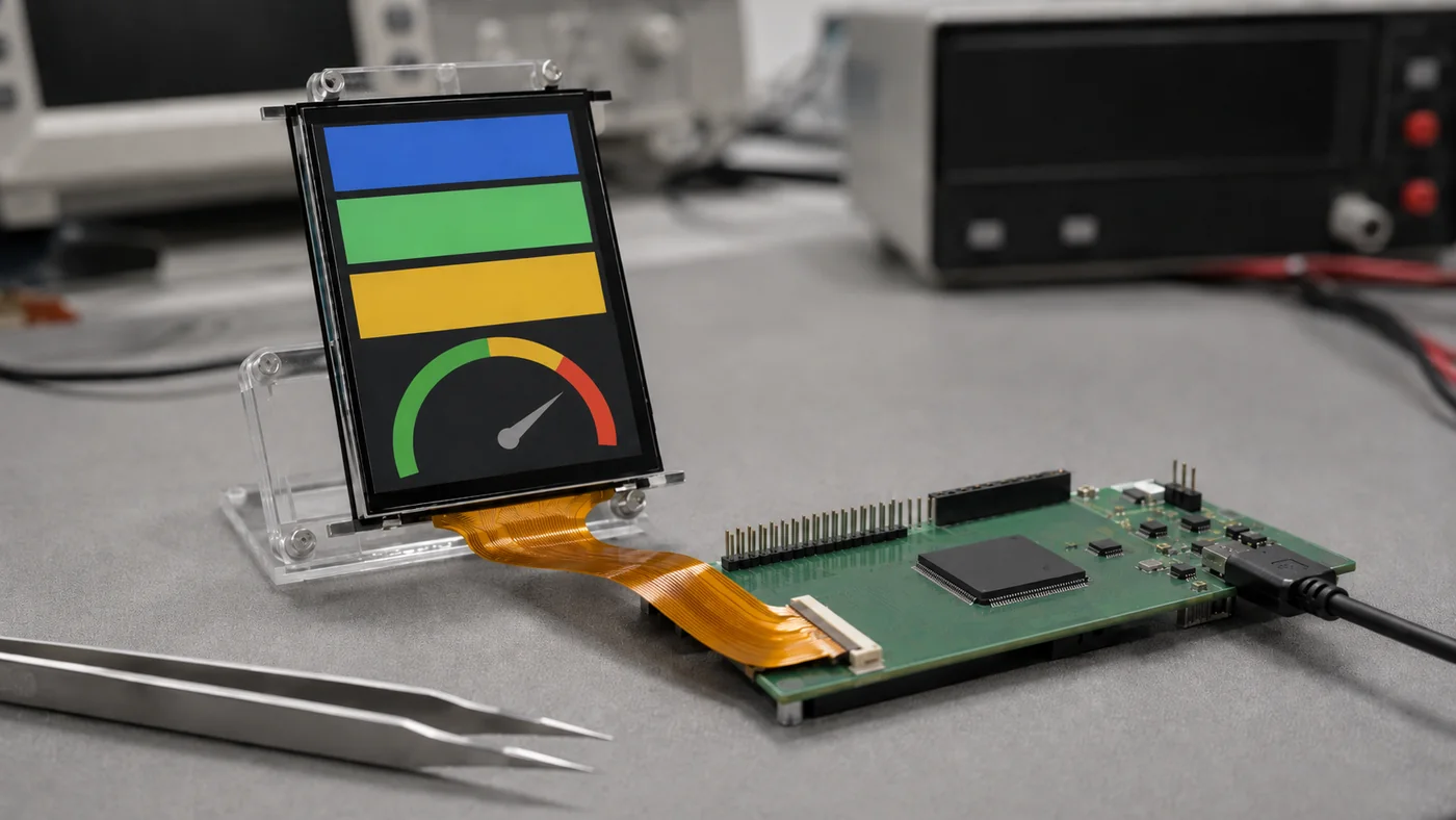A 3.5 inch TFT LCD module in an anti-static jig connected by flat ribbon cable to a bare microcontroller development board on an engineering bench