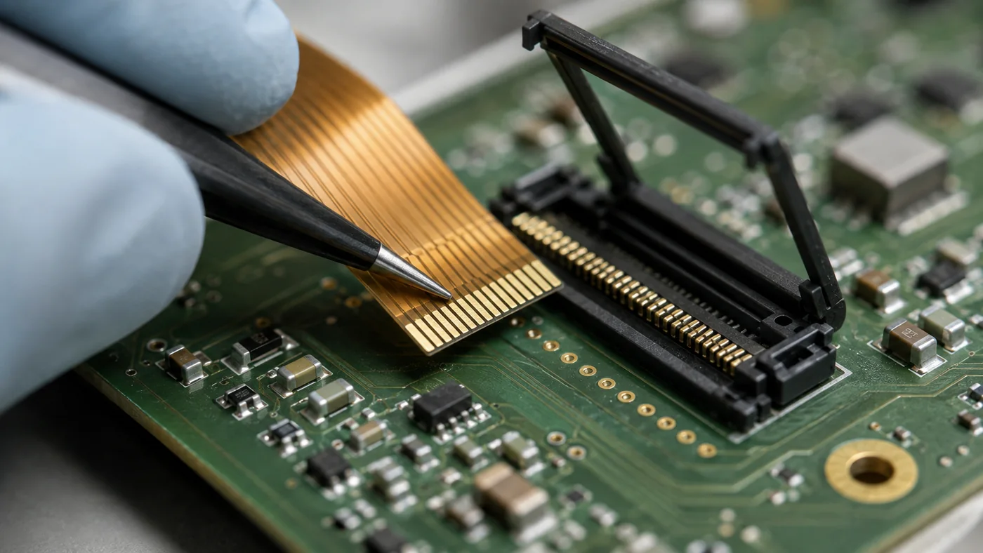 Macro view of tweezers seating a flexible flat ribbon cable into an open zero-insertion-force connector on a green circuit board