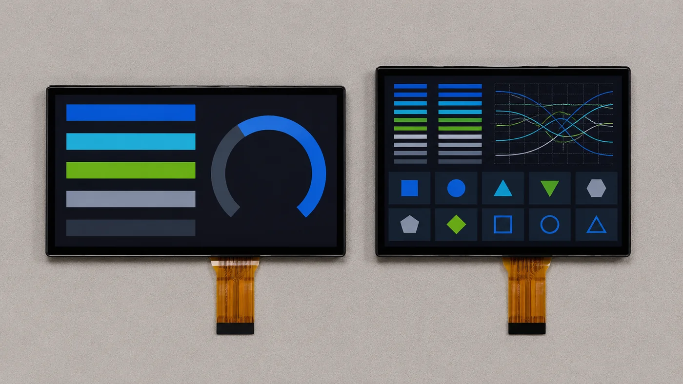 Two 4.3 inch widescreen TFT LCD modules shot from overhead on an anti-static mat, one showing a sparse interface and one a dense interface