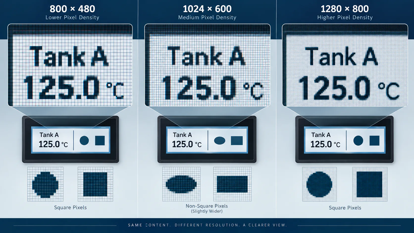 Illustrative comparison of text and pixel structure across three 7-inch TFT resolutions