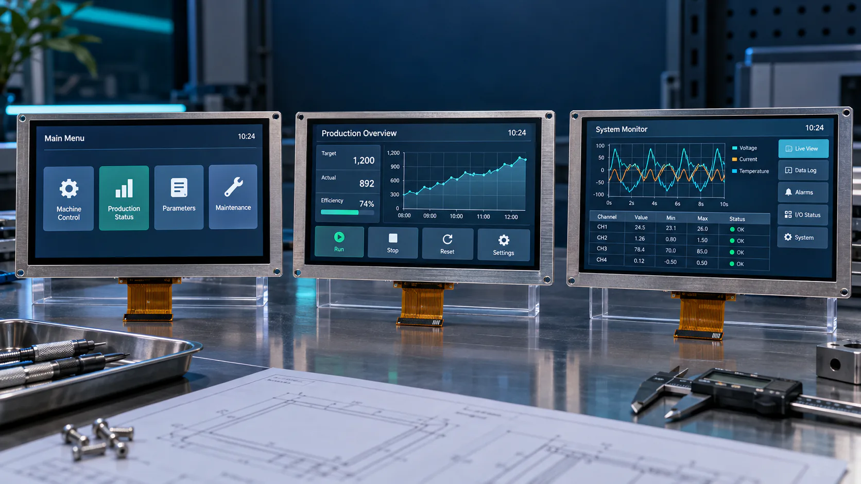 Illustrative industrial HMI layouts at three 7-inch TFT resolutions