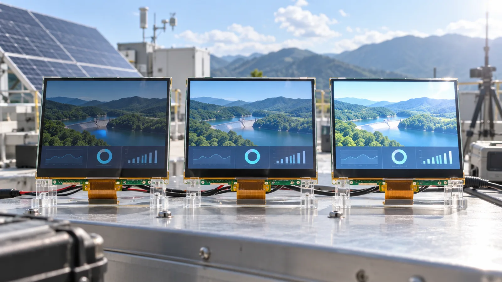 Conceptual comparison of 800, 1000 and 1200 nit TFT LCD brightness classes in outdoor light