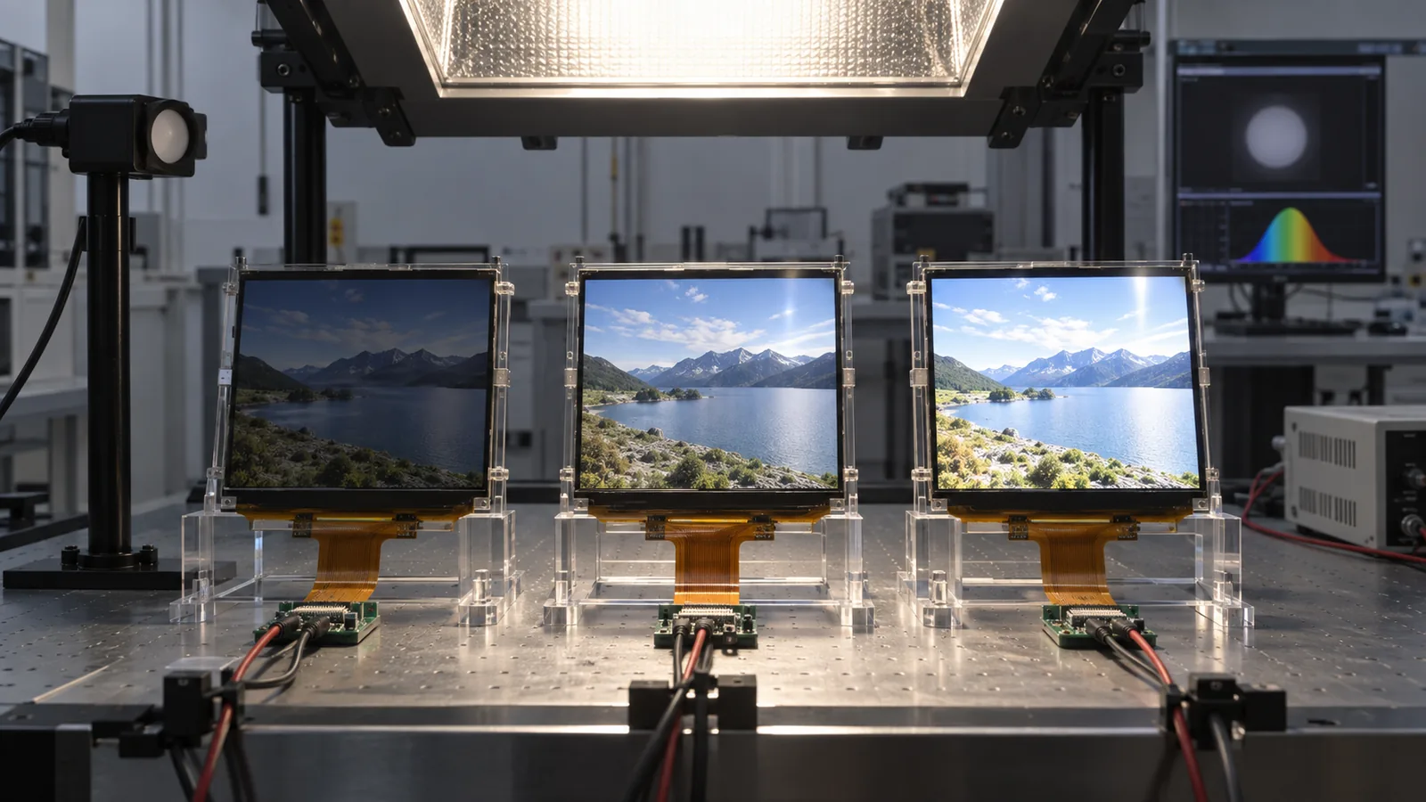 Conceptual side-by-side outdoor luminance test of three TFT LCD assemblies under controlled bright light