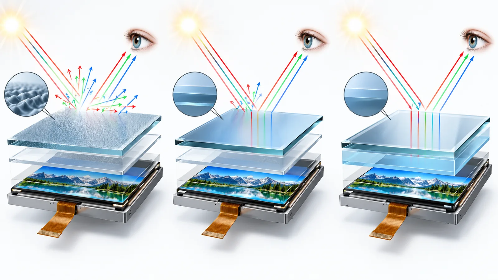 Conceptual diagram comparing light scattering by anti-glare, reflection reduction by anti-reflective treatment and air-gap removal by optical bonding
