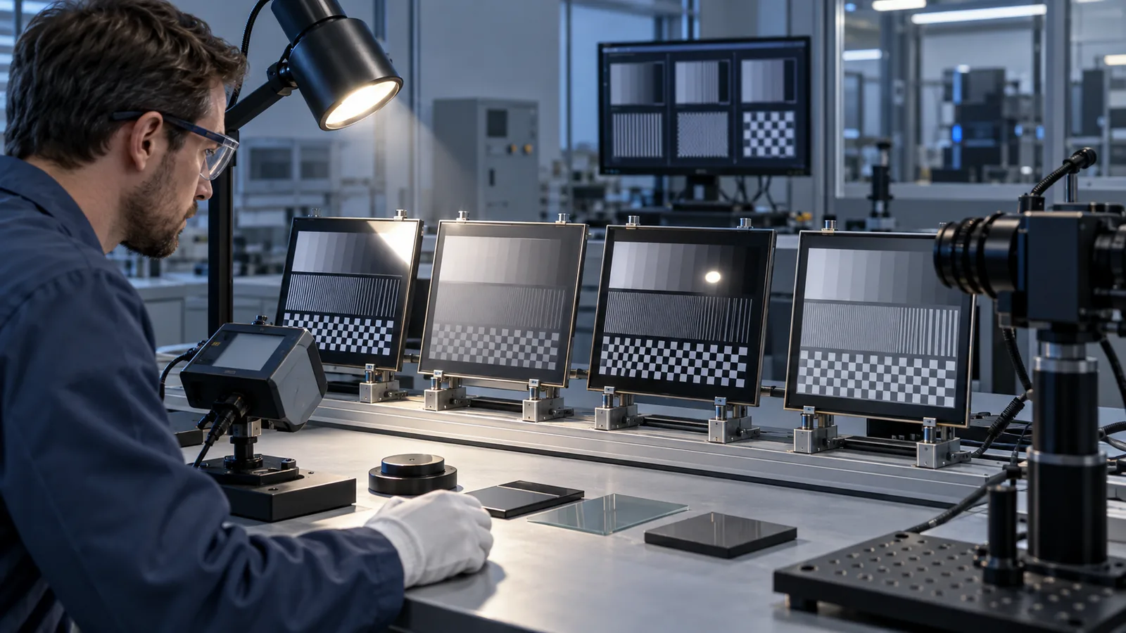Conceptual laboratory comparison of TFT display front stacks using controlled light and optical measurement equipment