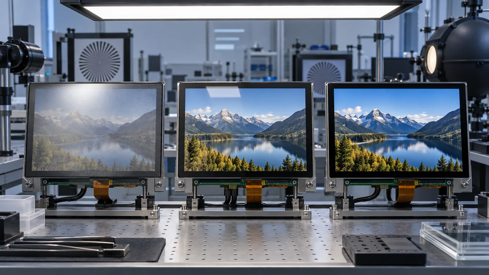 Conceptual comparison of anti-glare, anti-reflective and optically bonded TFT display surfaces