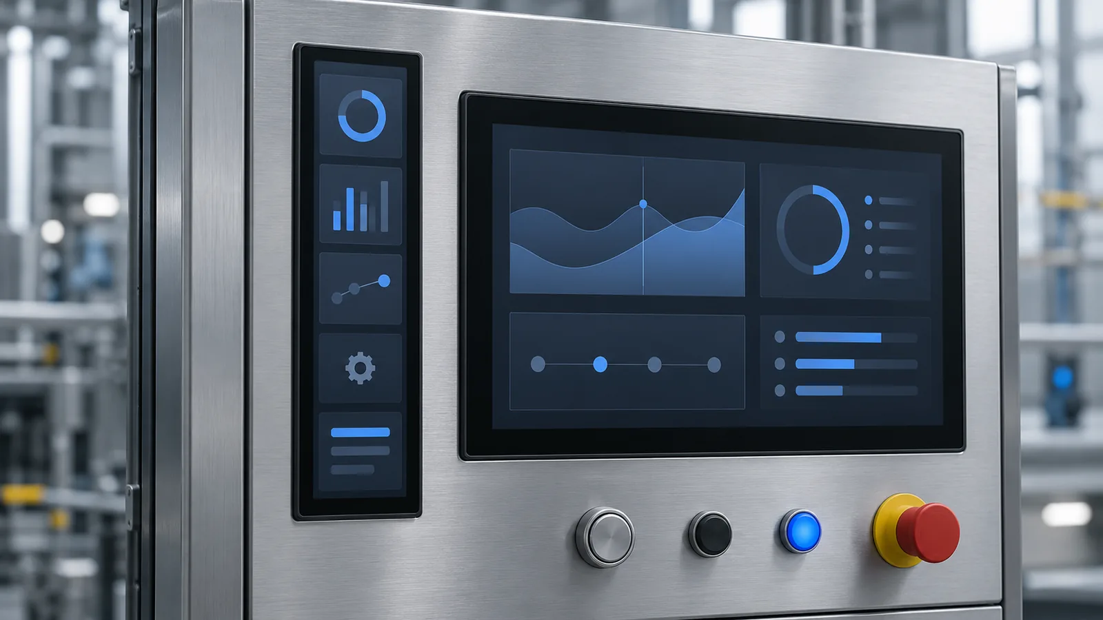 Conceptual narrow bar-type display installed in a vertical slot of a generic industrial control panel beside a standard display