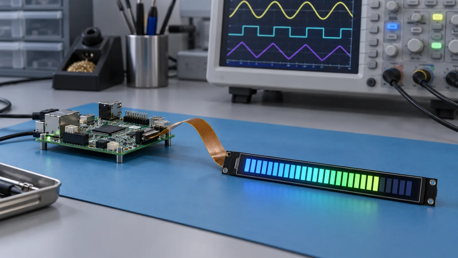 Conceptual engineering bench with a narrow bar-type display connected by a flexible cable to an embedded host board and an oscilloscope