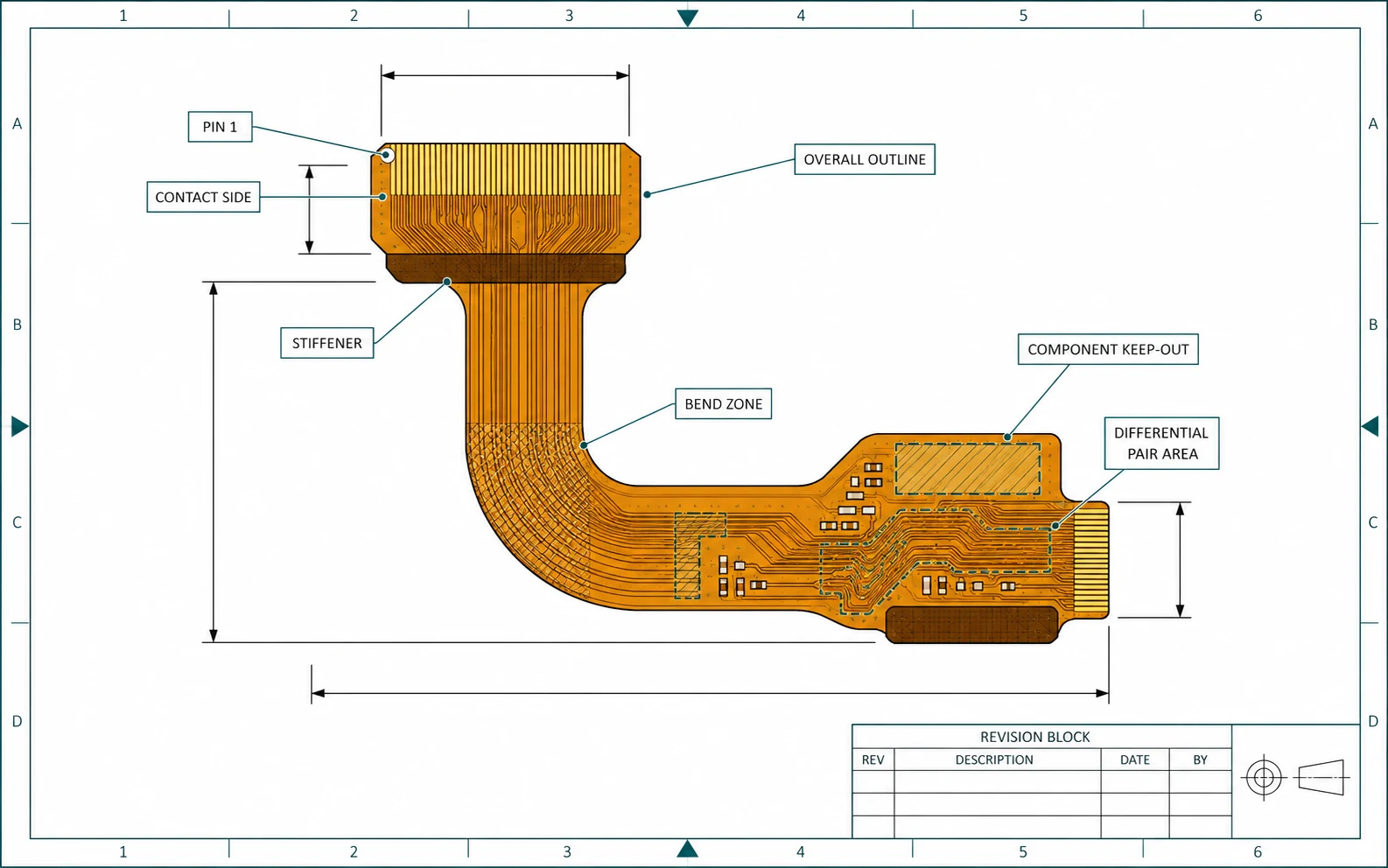 Generic custom LCD FPC drawing with pin 1, contact side, stiffener, bend zone, keep-out area and differential pairs