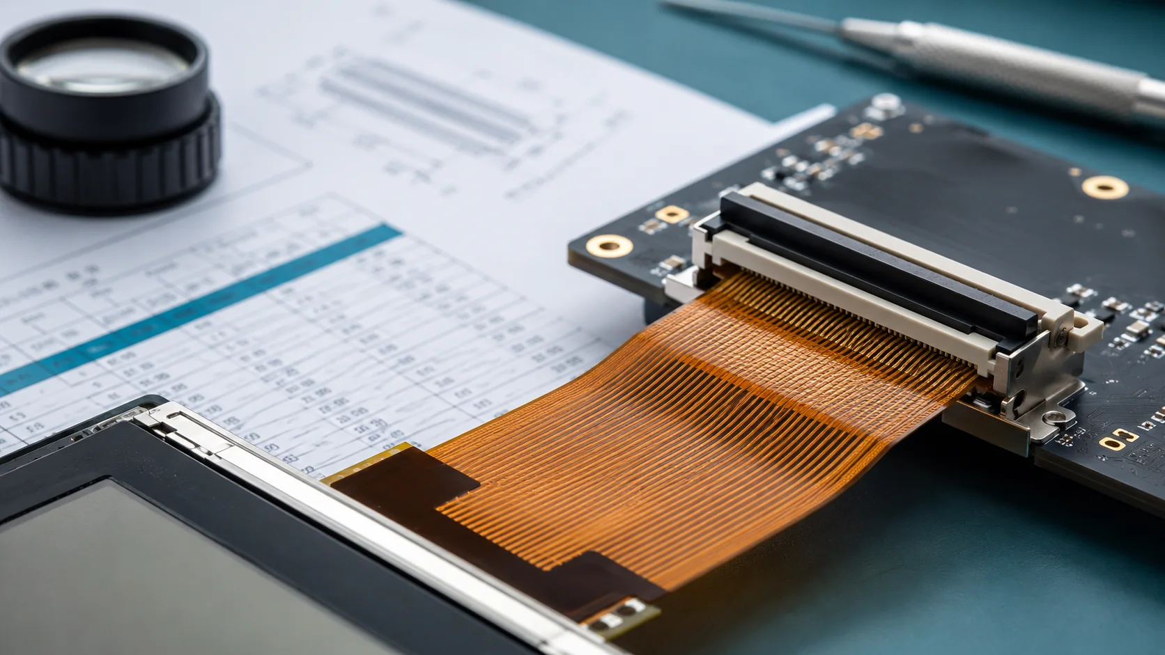 Custom TFT LCD FPC connected to a host board during an engineering review