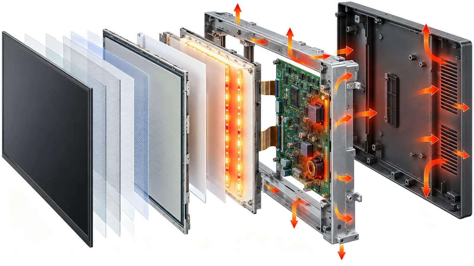 Conceptual exploded TFT LCD assembly showing heat paths from the backlight and driver to the enclosure