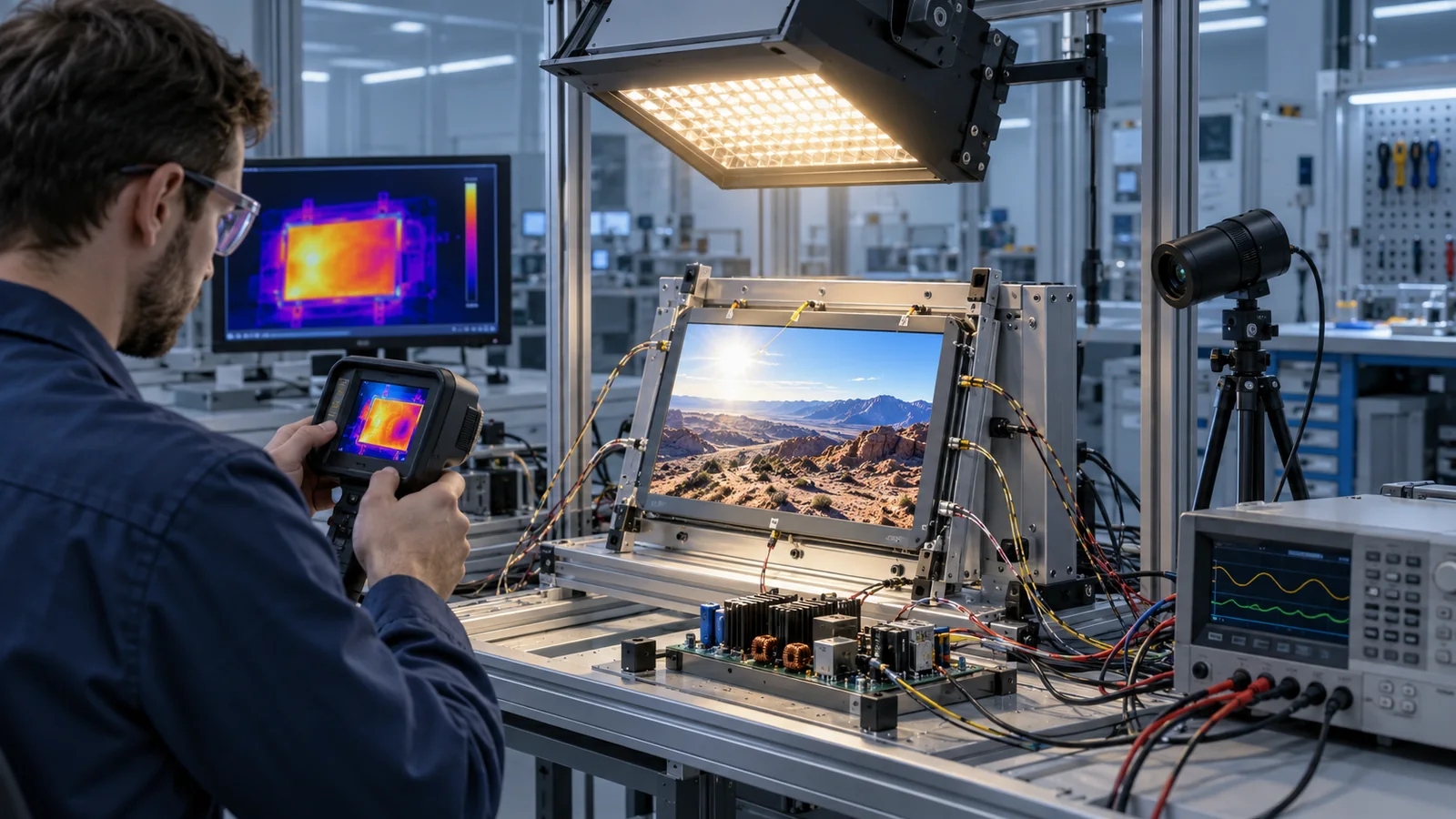 Conceptual high-brightness TFT validation using a solar lamp, thermal camera and electrical instruments