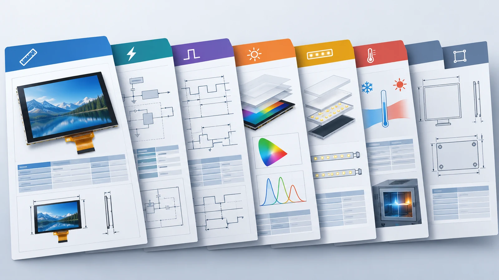 Illustration of a multi-page datasheet fanned out with color-coded blocks for general data, electrical, timing, optical, backlight, reliability and mechanical drawing