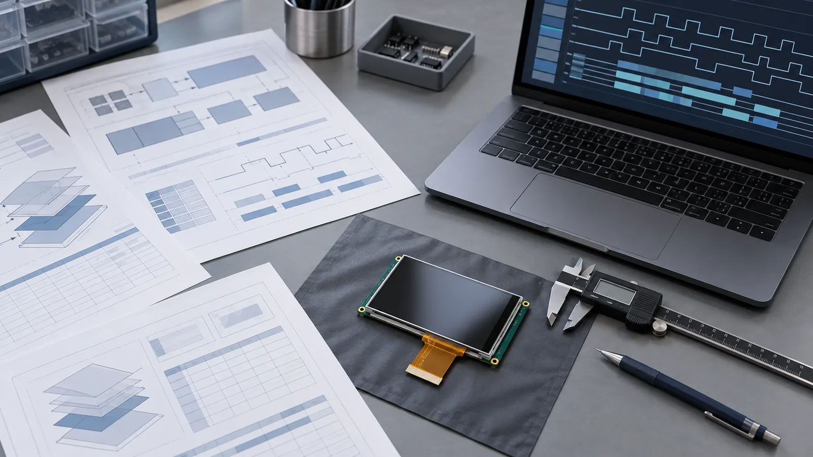 Engineer's desk with printed datasheet pages, a generic TFT LCD module on an antistatic mat and calipers