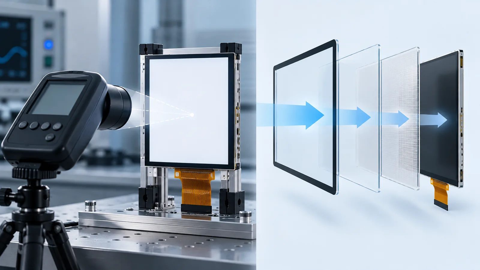 Technical illustration of a luminance meter measuring the center of a bare display, with an exploded front stack showing light lost through a cover glass and touch layer