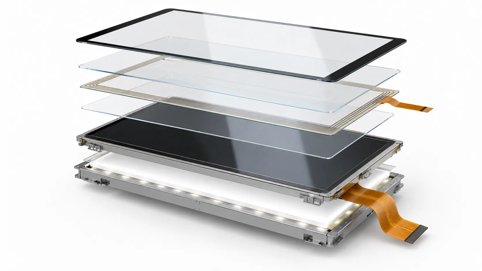 Illustrative exploded PCAP touch stack with cover lens, sensor, TFT module and backlight