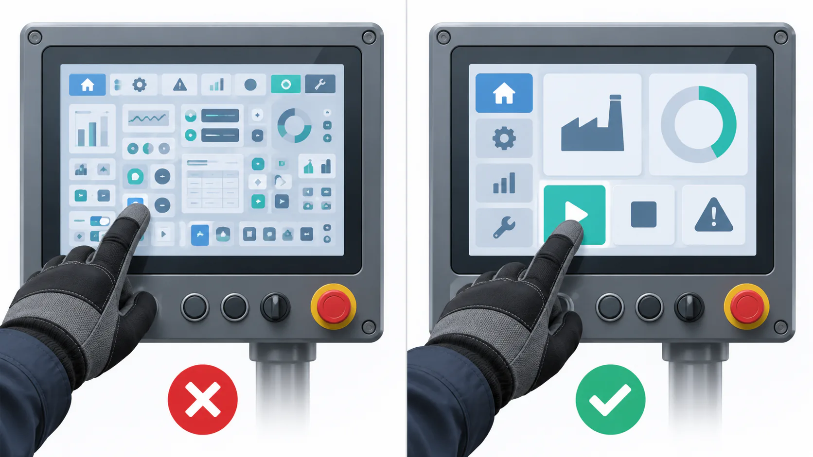 Illustrative comparison of gloved operation on a crowded and simplified industrial HMI