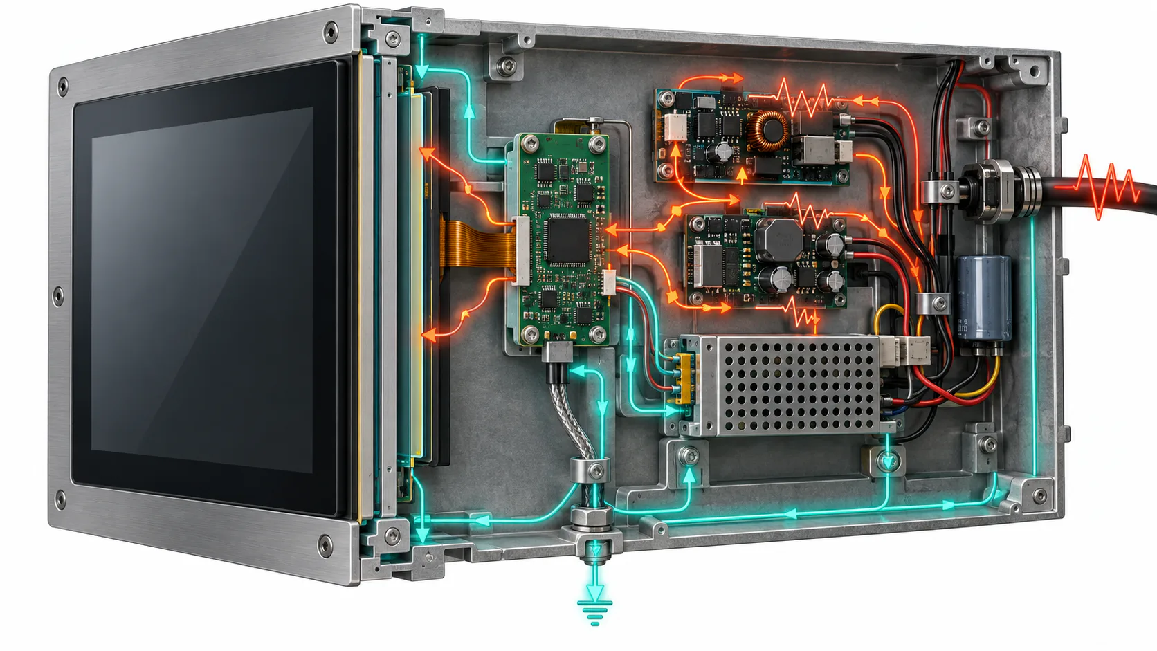 Illustrative industrial HMI enclosure showing touch, power, chassis-ground and noise paths