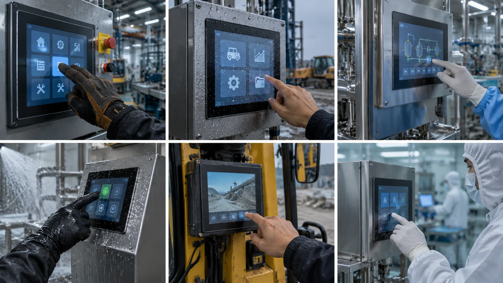Illustrative industrial HMI touchscreen use with gloves, water exposure and hygienic equipment