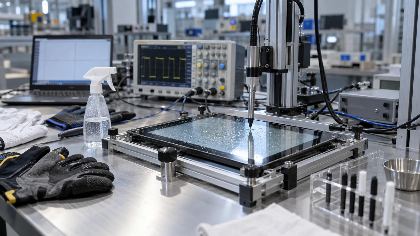 Illustrative PCAP touchscreen validation bench with water, gloves and test instrumentation