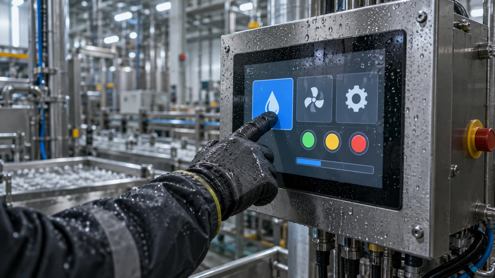 Illustrative gloved operation of a wet industrial touchscreen HMI