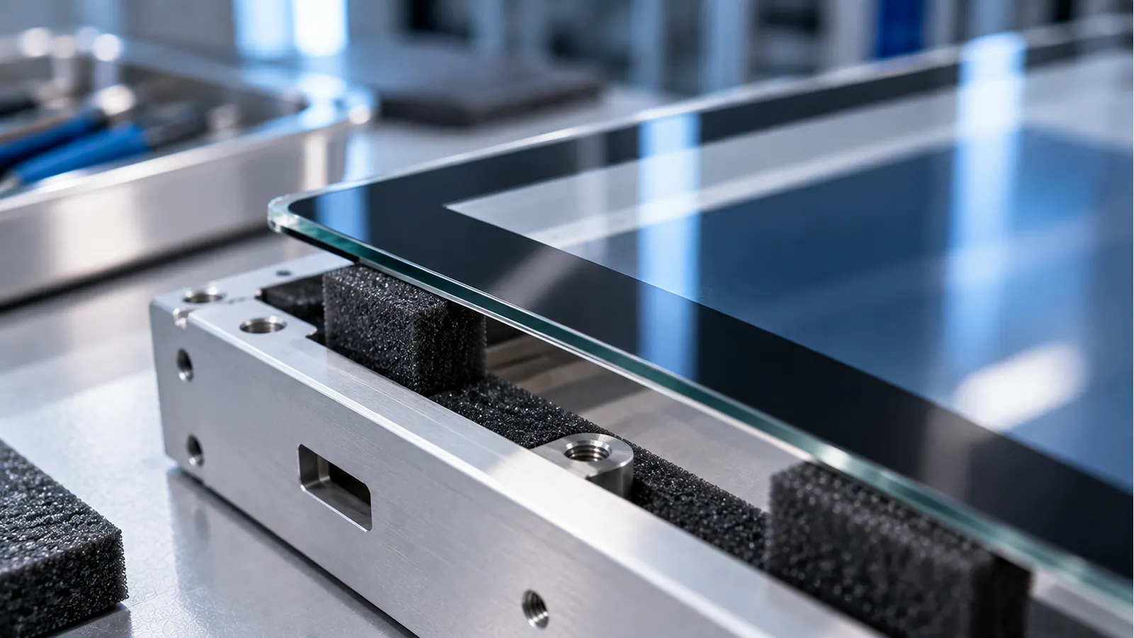 Illustrative cover-glass edge and enclosure support detail