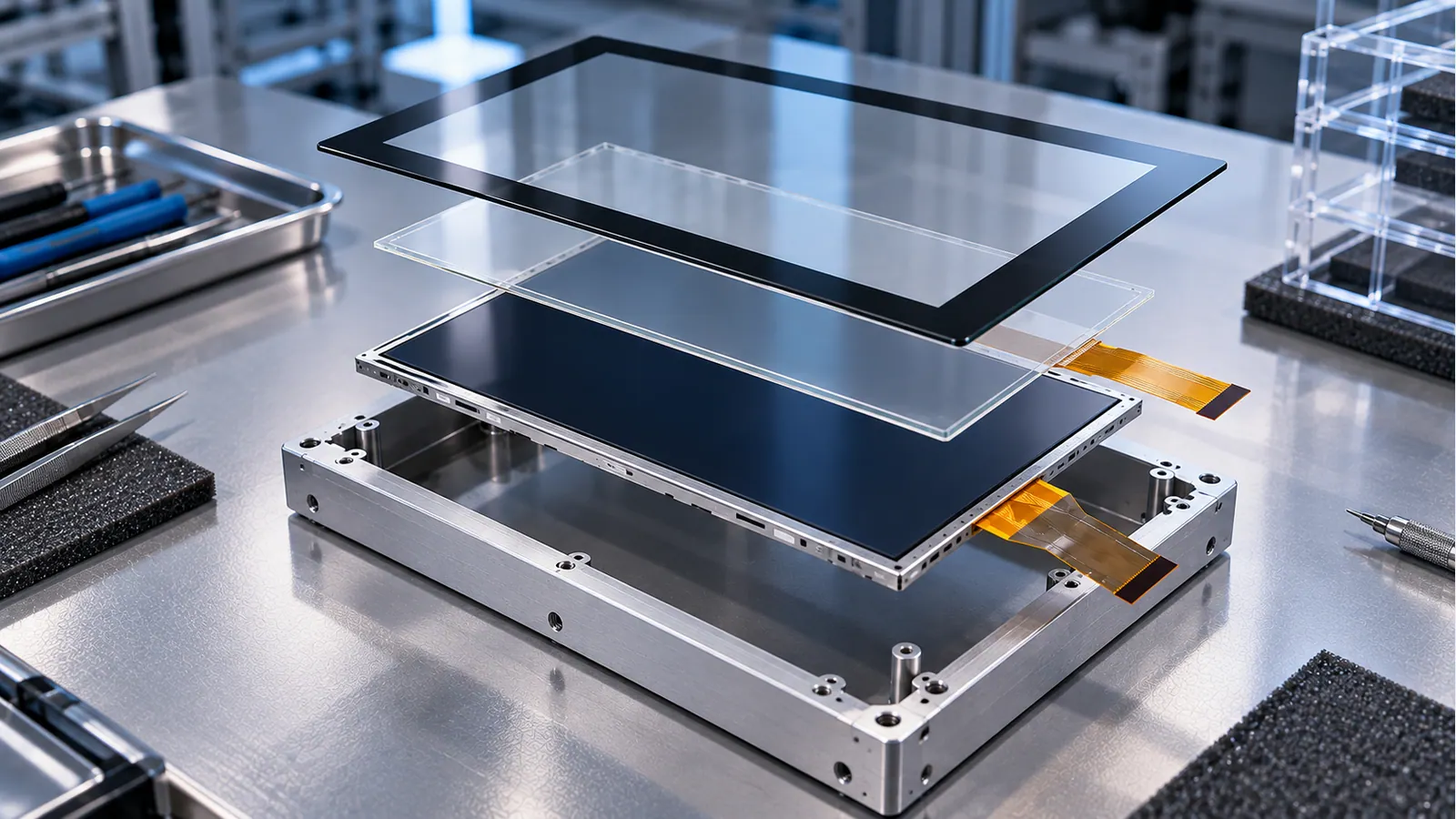 Concept illustration of a cover, touch layer and LCD stack under review