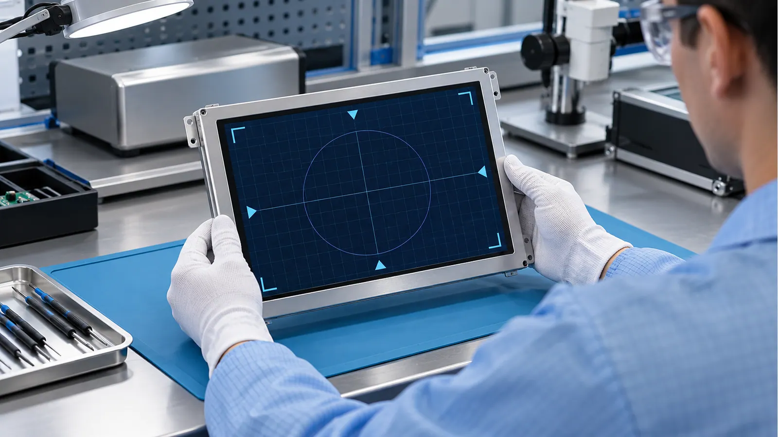 Illustrative inspection of a completed industrial display front stack