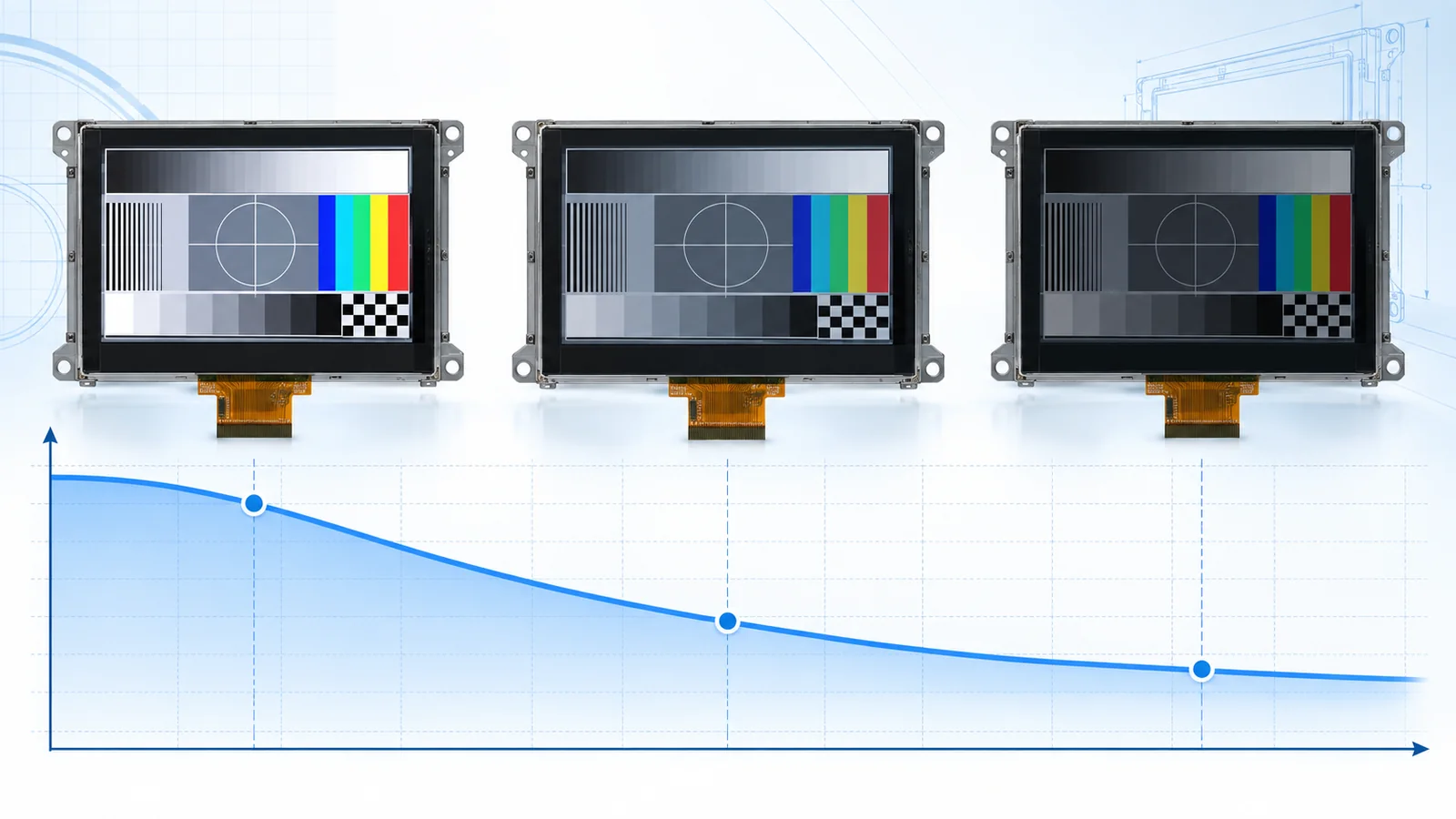 Conceptual luminance-maintenance curve with three TFT displays at progressively lower brightness