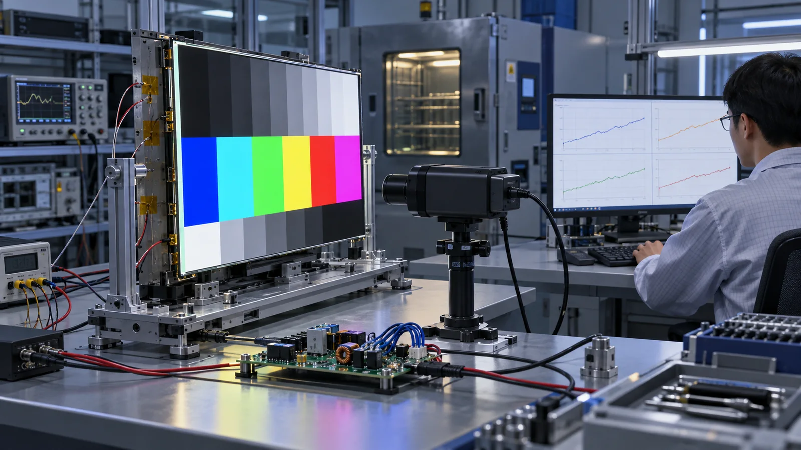 Conceptual long-duration TFT backlight validation with luminance measurement and trend monitoring