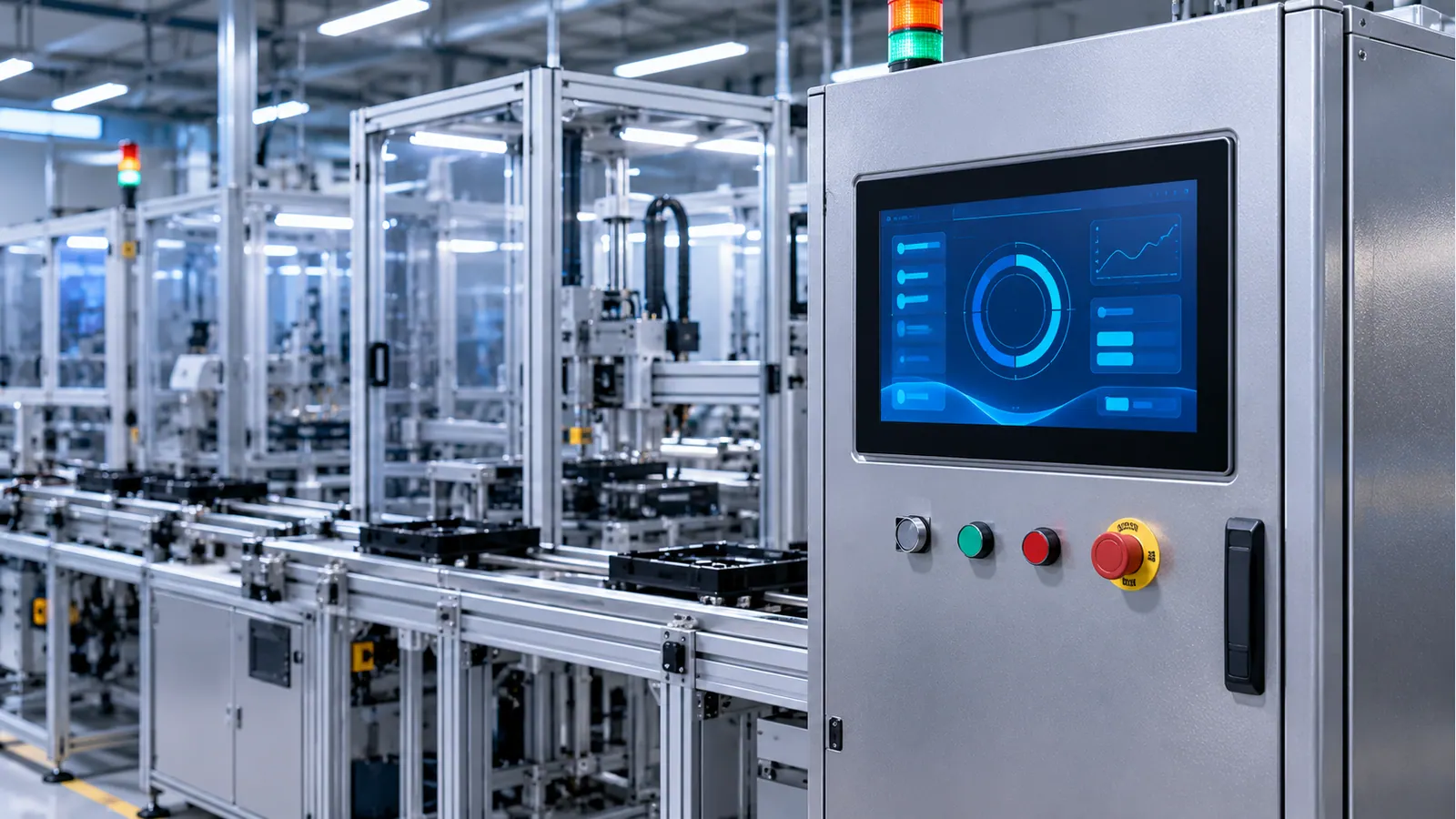 Illustrative factory-automation cabinet with a generic industrial HMI display
