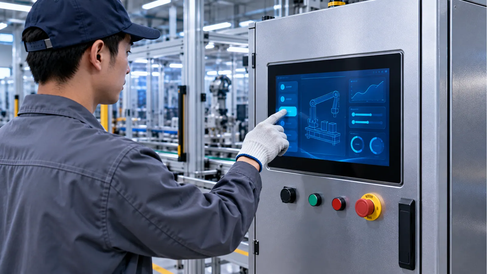 Illustrative operator review of industrial HMI controls at an installed cabinet