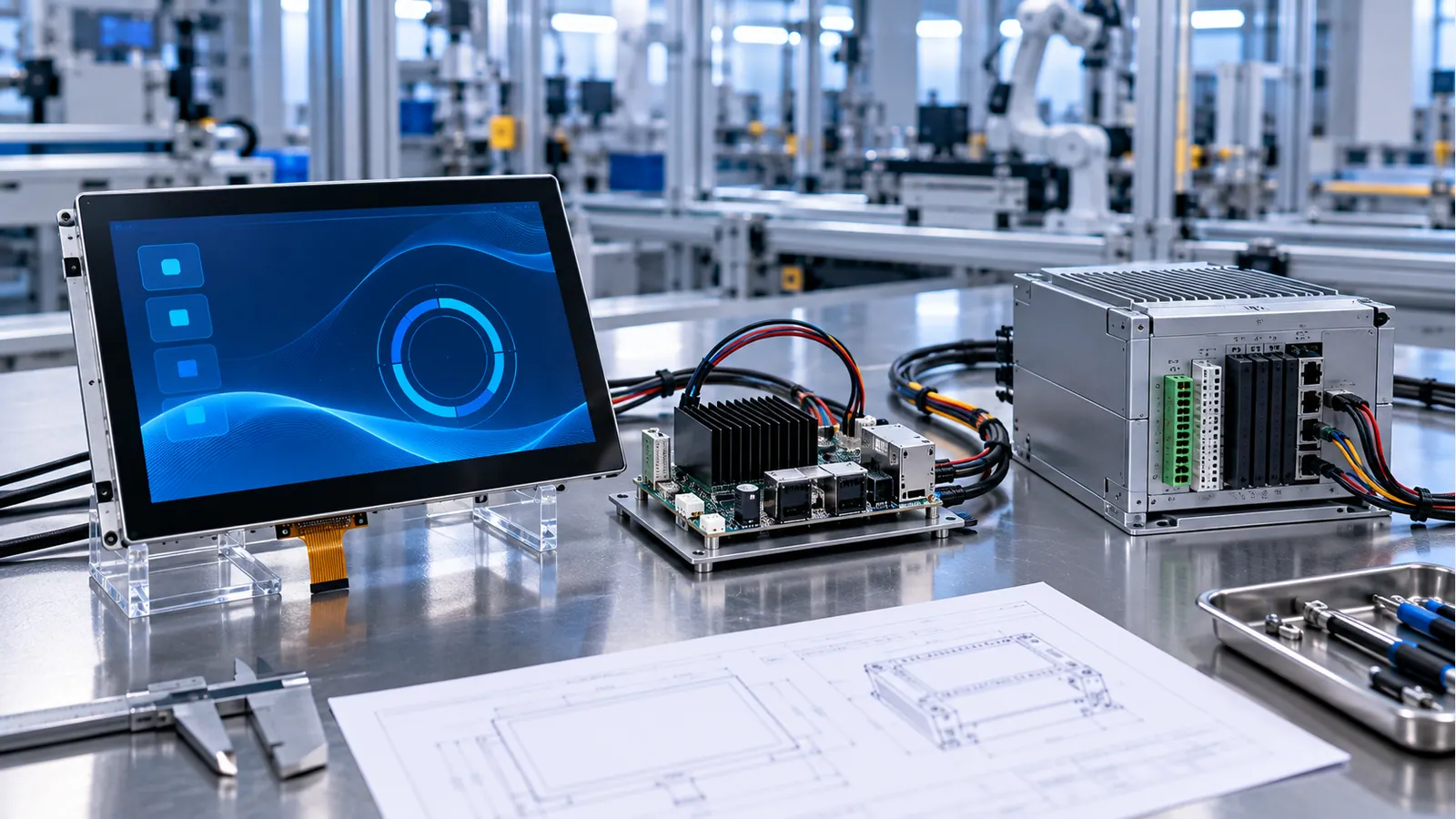 Concept illustration of a generic display, HMI host and machine-controller hardware