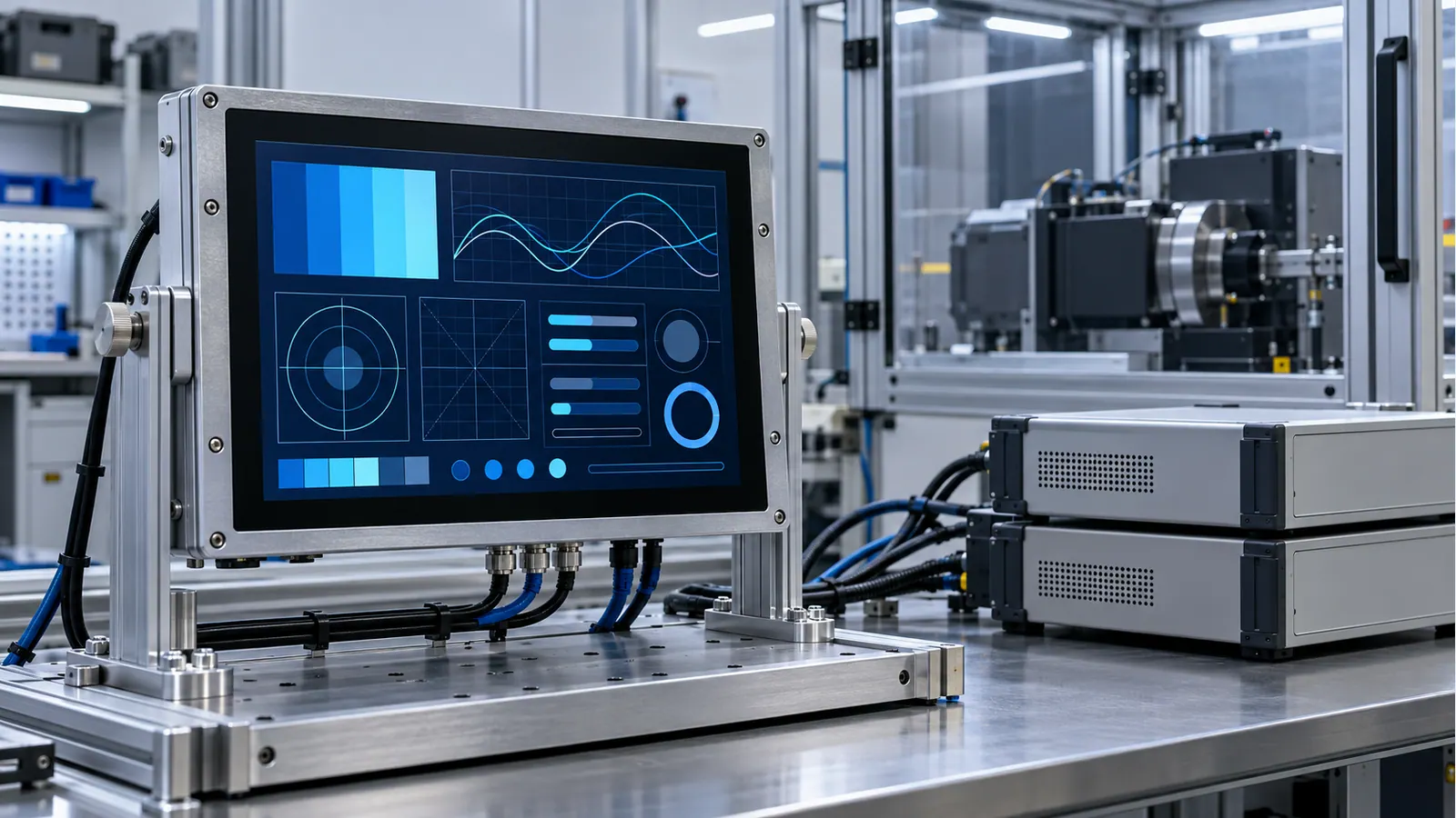 Illustrative factory-HMI system-validation bench with closed test equipment