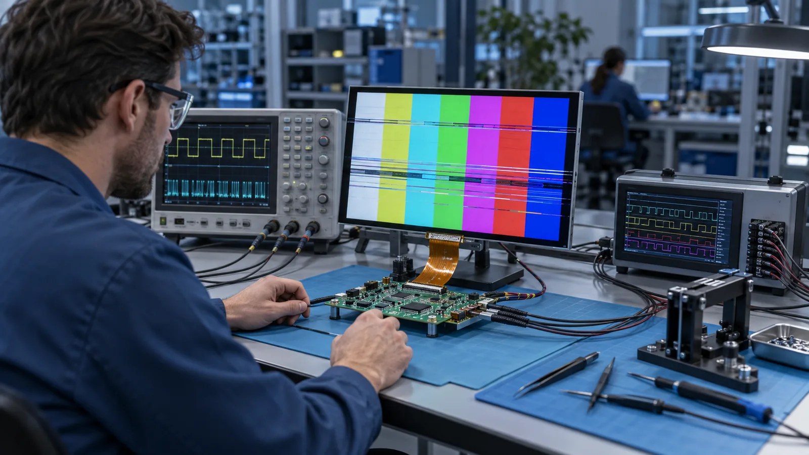 Conceptual industrial TFT LCD interface troubleshooting bench with display errors and timing measurements