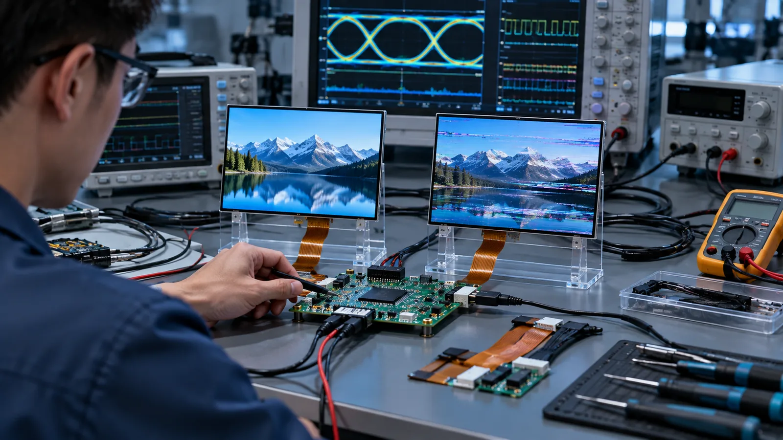 Conceptual engineer comparing TFT LCD test patterns with power, timing and interface measurements