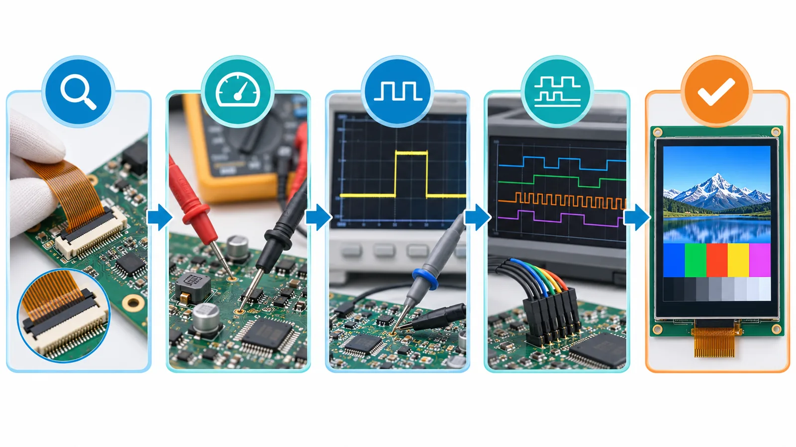 Conceptual TFT LCD troubleshooting sequence from power and connector checks to interface validation