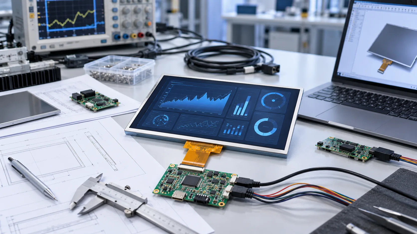 Illustrative industrial TFT LCD requirements review with module, drawing, test equipment and host board