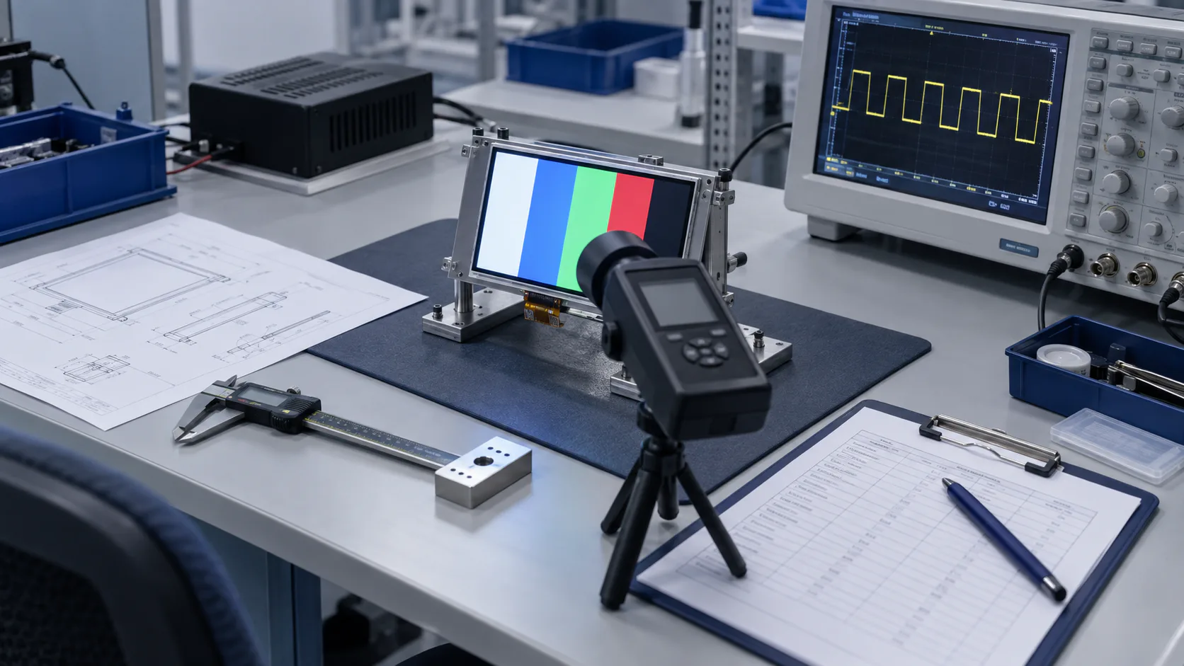 Illustrative industrial TFT LCD validation bench with measurement equipment and drawings