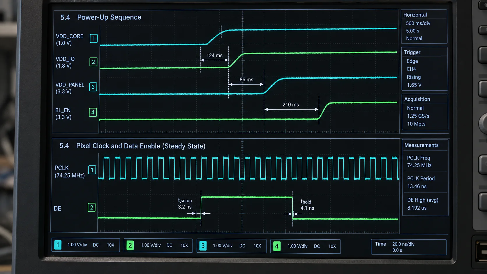 Illustrative oscilloscope capture of display power-up sequence and pixel-clock timing