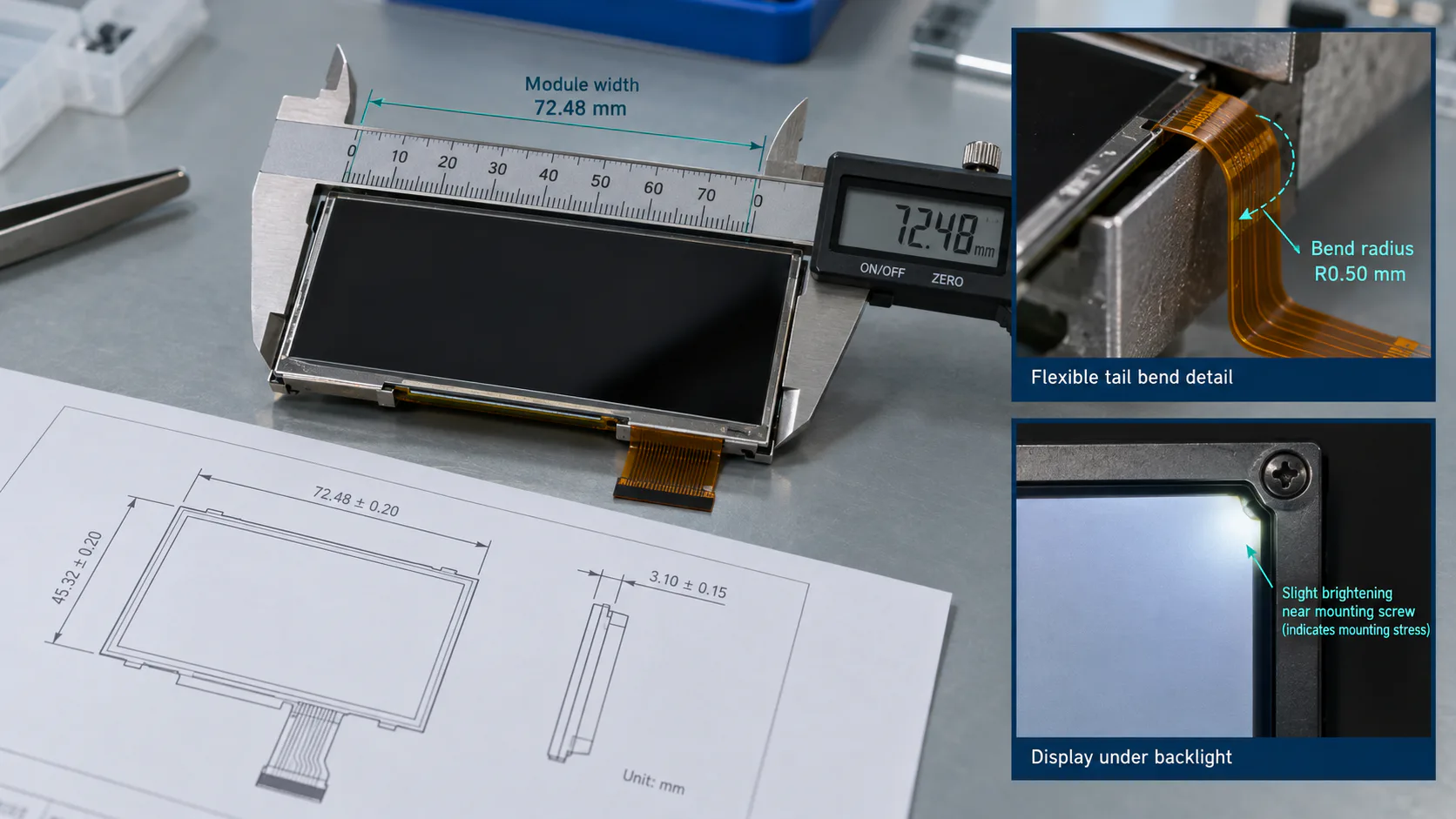 Illustrative TFT module mechanical fit review with caliper, drawing, FPC bend and mounting-stress checks