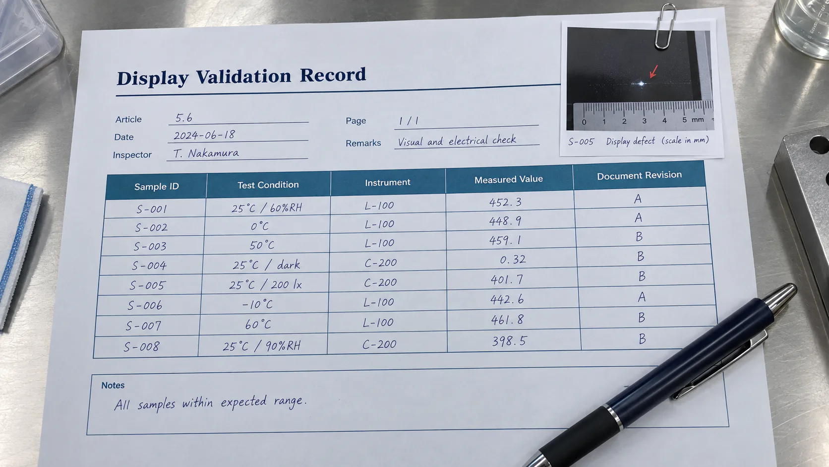 Illustrative display validation record with sample identity, test conditions, measured values and revisions