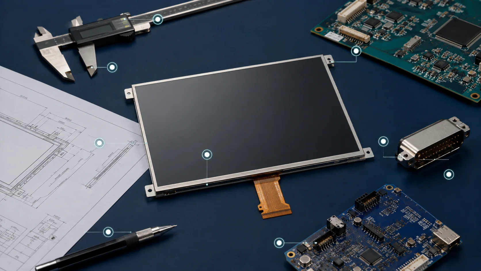 Illustrative industrial TFT LCD selection scene with display module and engineering tools
