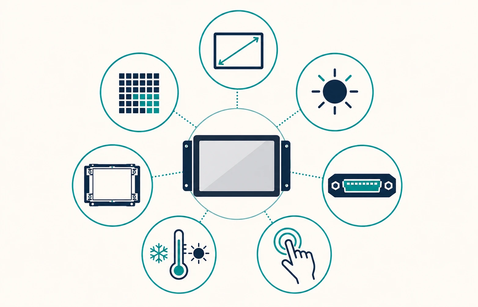 Seven-part industrial TFT LCD selection diagram covering size, resolution, brightness, interface, touch, temperature and mechanical fit