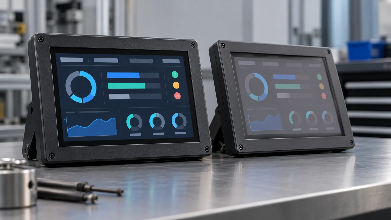 Conceptual side-by-side comparison of two generic industrial displays viewed off-axis on an engineering bench